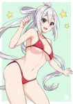  1girl :d ahoge aqua_background bangs bare_arms bare_shoulders bikini blush border breasts collarbone contrapposto hair_rings hand_up long_hair looking_at_viewer matoi_(pso2) medium_breasts navel nyanmaru_(ememing) open_mouth outside_border phantasy_star phantasy_star_online_2 red_bikini red_eyes round_teeth sidelocks silver_hair simple_background smile solo star_(symbol) stomach swimsuit teeth thighs twintails twitter_username under_boob upper_teeth very_long_hair white_border 