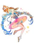  1girl bare_legs bare_shoulders blouse blue_blouse blue_eyes blue_hair blush braid brooch commentary_request cunonn doughnut_innertube flower food full_body granblue_fantasy hair_flower hair_ornament hat holding holding_food ice_cream innertube jewelry long_hair lyria_(granblue_fantasy) sandals simple_background smile spaghetti_strap sun_hat twin_braids very_long_hair white_background wrist_cuffs 