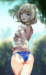  1girl anime_coloring ass bikini bikini_bottom bikini_top blonde_hair blue_bikini blue_eyes breasts colorado_(kantai_collection) cowboy_shot day from_behind kantai_collection mismatched_bikini monteriakitto outdoors short_hair side_braids small_breasts solo standing swimsuit white_bikini 