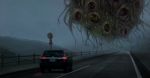  +_+ car creature driving eldritch_abomination extra_eyes floating fog ground_vehicle highres horizontal_pupils monster motor_vehicle mountain original outdoors reflection road road_sign scenery sidewalk sign silhouette slit_pupils tentacles yomanika 