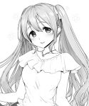  1girl blush copyright_request dress greyscale head_tilt jewelry kazabuki_poni long_hair looking_at_viewer monochrome necklace smile solo twintails upper_body white_background 