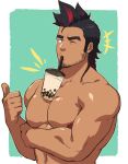  1boy abs bara between_pecs black_eyes black_hair bubble_tea bubble_tea_challenge chest cropped_torso drink facial_hair looking_at_viewer male_focus manly meme multicolored multicolored_eyes multicolored_hair muscle nipples object_on_pectorals original pectorals red_eyes redhead solo streaked_hair thumbs_up upper_body zombies_inc. 