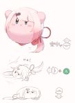  :i arrow_(symbol) bangs blue_eyes blush_stickers closed_mouth grey_background hair_ornament hair_ribbon hairclip highres kicking kirby kirby_(series) ksk_(semicha_keisuke) looking_at_viewer monochrome multiple_views nijisanji pink_hair red_ribbon ribbon shiina_yuika simple_background translation_request virtual_youtuber 