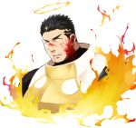  1boy black_hair blood blood_from_mouth blood_on_face cropped_torso facial_hair fire halo male_focus manly muscle po_fu short_hair stubble tokyo_houkago_summoners upper_body white_background yellow_eyes zabaniya_(tokyo_houkago_summoners) 