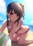  1girl absurdres all_fours ass ball bangs bare_legs barefoot beach beachball bikini bikini_skirt black_hair blue_sky brown_eyes clouds collarbone commentary_request day earrings eyebrows_visible_through_hair flower_earrings frilled_bikini frills hair_bun highres idolmaster idolmaster_shiny_colors jewelry kazano_hiori looking_at_viewer miyar2d2 mole ocean outdoors parted_lips pink_bikini side_ponytail sidelocks sky solo sunlight swimsuit thighs 