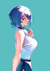  1girl absurdres alternate_breast_size bare_shoulders black_choker black_hair black_shorts blue_background blue_eyes breasts chainsaw_man choker coffee18 collared_shirt hair_bun highres large_breasts looking_back medium_hair reze_(chainsaw_man) shirt shirt_tucked_in shorts simple_background solo upper_body white_shirt 