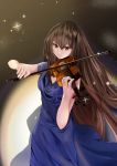  1girl absurdres blue_dress brown_hair dress eyebrows_visible_through_hair highres instrument lips long_hair looking_at_viewer nakaryo0404 original red_eyes solo starry_background tagme violin 