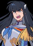  1girl angry azuumori black_background black_hair blue_eyes breasts commentary epaulettes fangs highres junketsu kill_la_kill kiryuuin_satsuki large_breasts long_hair sharp_teeth simple_background solo teeth thick_eyebrows upper_body 