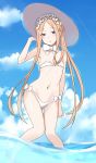  1girl abigail_williams_(fate/grand_order) absurdres bare_legs bare_shoulders blonde_hair blue_eyes blue_sky braid clouds fate/grand_order fate_(series) flat_chest french_braid hat highres long_hair looking_at_viewer navel open_mouth partially_submerged saku_(kudrove) sky solo water 