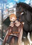  1girl ;d absurdres ahoge animal ayakura_juu bangs belt belt_buckle belt_pouch bird black_pants blurry blurry_background braid brown_eyes brown_hair buckle character_request cloak cover_image day feet_out_of_frame flat_chest highres horse ie_tsukuri_skill_de_isekai_wo_ikinobiro long_sleeves looking_at_viewer novel_illustration official_art one_eye_closed open_mouth outdoors pants pouch smile solo standing textless upper_teeth 