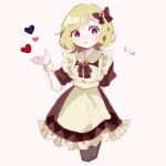  1girl alternate_costume blonde_hair citrinne_(fire_emblem) dress fire_emblem fire_emblem_engage frilled_dress frills hair_ribbon heart looking_at_viewer m_ouo_314 maid maid_headdress pink_background red_eyes ribbon smile solo 