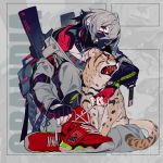  1girl animal black_gloves collarbone fingerless_gloves fingernails gloves grandia_lee grey_hair grey_jacket gun hair_over_one_eye headphones high_tops highres jacket mask nike open_mouth original red_eyes red_gloves shoes sneakers tiger watch weapon 