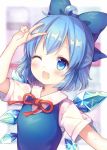  1girl :3 ahoge blue_bow blue_hair blue_vest blush bow cirno commentary_request detached_sleeves hair_bow hand_up ice ice_wings long_hair one_eye_closed open_mouth pjrmhm_coa red_neckwear shirt short_hair short_sleeves smile solo touhou upper_body very_long_hair vest white_shirt wings 