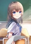  1girl bangs black_sailor_collar blue_eyes blue_neckwear blurry blurry_foreground blush brown_hair chair chalkboard closed_mouth commentary depth_of_field desk eyebrows_visible_through_hair hair_between_eyes highres indoors long_hair looking_at_viewer looking_back minami_saki neckerchief original out_of_frame sailor_collar school_chair school_desk school_uniform serafuku shirt short_sleeves sitting smile solo_focus symbol_commentary white_shirt 