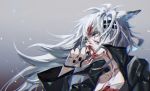  1girl absurdres animal_ears arknights black_jacket black_nails blood blood_on_face bloody_clothes commentary_request grey_eyes hair_between_eyes hair_ornament hairclip highres injury jacket lappland_(arknights) long_hair luc_oldgoat nosebleed scar scar_across_eye silver_hair solo upper_body wolf_ears 