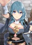  1girl arm_up black_shorts blue_eyes blue_hair book byleth_(fire_emblem) byleth_eisner_(female) closed_mouth dagger fire_emblem fire_emblem:_three_houses highres holding holding_book navel_cutout sheath sheathed short_shorts shorts smile solo weapon yappen 