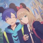  1boy 1girl :d ^_^ arm_hug asanaka_yomogi bangs black_jacket blue_hair blue_headwear blue_hoodie blue_sky blush bow brown_hair castle closed_eyes closed_mouth clouds cloudy_sky collared_shirt commentary_request crescent_moon day disneyland eyebrows_behind_hair facing_viewer green_eyes gridman_universe hair_between_eyes hair_ornament hairclip hat hood hood_down hoodie jacket long_hair long_sleeves looking_at_viewer mickey_mouse_ears mikazuchi_zeus minami_yume moon open_clothes open_jacket outdoors polka_dot polka_dot_bow print_headwear red_bow selfie shirt sky sleeves_past_wrists smile ssss.dynazenon star_(symbol) star_print sweater_vest upper_body white_shirt wizard_hat 