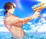  1boy abs chest clouds cloudy_sky day fate/grand_order fate/stay_night fate_(series) gun highres holding kotomine_kirei male_focus muscle one_eye_closed pectorals rijjin shirtless short_hair sky smile solo swimsuit toy_gun water water_gun weapon wet 