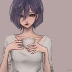  1girl absurdres artist_name bangs black_hair breasts collarbone commentary cup grey_background grey_eyes hair_between_eyes hair_over_one_eye hands_up highres holding holding_cup kirishima_touka lips long_sleeves looking_at_viewer medium_breasts mina_(minalaifey) red_lips shirt short_hair signature simple_background solo tokyo_ghoul upper_body white_shirt 
