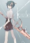  1boy black_shorts blue_hair commentary english_text highres holding holding_knife huge_weapon i7 knife looking_back original red_eyes shirt shorts weapon white_shirt 