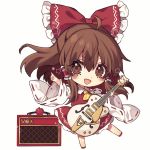  1girl ahoge amplifier_(instrument) apple blush bow brown_eyes brown_hair chibi commentary_request detached_sleeves electric_guitar food fruit full_body guitar hair_between_eyes hair_bow hair_tubes hakurei_reimu highres holding holding_instrument instrument kyouda_suzuka long_hair looking_at_viewer open_mouth outstretched_arm pointing red_bow red_footwear red_shirt red_skirt shirt simple_background skirt smile solo star_(symbol) touhou white_background wide_sleeves yellow_neckwear yin_yang 