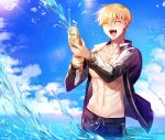  1boy abs chest closed_eyes clouds cloudy_sky day fate/grand_order fate/stay_night fate_(series) gilgamesh gilgamesh_(caster)_(fate) gun highres holding male_focus muscle open_clothes pectorals rijjin short_hair sky smile solo swimsuit toy_gun water water_gun weapon wet 