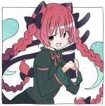  1girl :3 animal_ears bangs black_bow bow cat_ears cat_tail commentary_request dress flashlight ghost green_dress hair_bow highres holding holding_flashlight juliet_sleeves kaenbyou_rin kt_kkz long_hair long_sleeves looking_at_viewer multiple_tails open_mouth puffy_sleeves red_eyes red_neckwear redhead smile solo tail touhou twintails two_tails upper_body very_long_hair white_background 