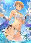  1girl afk_arena bangs bare_shoulders bikini blonde_hair blue_eyes blue_sky breasts clouds cloudy_sky commentary_request day eyebrows_visible_through_hair fingernails hair_bun hair_ornament highres lips looking_at_viewer mashuu_(neko_no_oyashiro) medium_breasts navel official_art outdoors palm_leaf palm_tree side-tie_bikini simple_background sky solo stomach sunlight swimsuit tied_hair tree wading water water_drop wrist_cuffs 