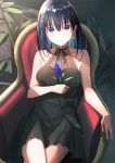  1girl armchair bare_shoulders black_bow black_dress black_hair black_neckwear black_ribbon blue_eyes blue_flower blue_hair blush bow breasts chair closed_mouth collarbone crossed_legs dress expressionless feet_out_of_frame flower highres holding holding_flower jewelry koh_rd looking_at_viewer medium_breasts multicolored_hair neck_ribbon original ribbon see-through single_earring sitting sleeveless sleeveless_dress solo two-tone_hair 