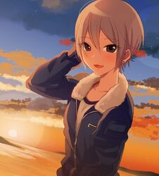  1girl :d bangs black_eyes blue_coat coat collarbone day earrings eyebrows_visible_through_hair fur-trimmed_coat fur_trim hair_between_eyes hand_in_hair idolmaster idolmaster_cinderella_girls jewelry lens_flare long_sleeves nokuhashi open_mouth outdoors partially_unzipped shiomi_shuuko shirt short_hair silver_hair smile solo upper_body white_shirt 