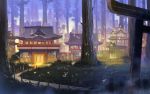  architecture blurry blurry_background building commentary_request east_asian_architecture fantasy forest grass house lights miso_katsu nature no_humans original pagoda scenery torii tree 