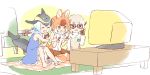  3girls adjusting_eyewear animal_ears bare_legs bare_shoulders barefoot black_hair blonde_hair blowhole blue_dress blue_hair bow bowtie brown_gloves brown_hair brown_skirt clenched_hands commentary_request dhole_(kemono_friends) dog_ears dog_girl dog_tail dolphin_tail dorsal_fin dress extra_ears eyebrows_visible_through_hair glasses gloves grey_hair grey_sweater highres japari_symbol kemono_friends kemono_friends_3 light_brown_hair long_sleeves meerkat_(kemono_friends) meerkat_ears multicolored_hair multiple_girls pleated_skirt pointing sailor_collar sailor_dress seiza shirt sitting sitting_on_floor skirt sleeveless sleeveless_dress sweater tail television thigh-highs uubira_nu_issha white_shirt yellow_eyes yellow_neckwear zettai_ryouiki 