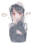  1girl bangs black_hair blush brown_eyes cropped_torso eyebrows_visible_through_hair fingernails grey_sweater hair_between_eyes hands_up highres long_hair long_sleeves looking_at_viewer original parted_lips ponytail ribbed_sweater sidelocks solo sweater tandohark upper_body 