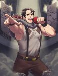1boy bara beowulf_(skullgirls) black_hair chest facial_hair fate/grand_order fate_(series) highres male_focus microphone muscle pants pelt short_hair skullgirls smile solo stubble suspenders thighs zombies_inc.