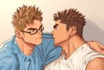  2boys bara blush brown_hair eye_contact food glasses imminent_kiss looking_at_another male_focus multiple_boys muscle original pocky pocky_day short_hair simple_background sleeve_rolled_up smile undressing_another upper_body yaoi youchi123 