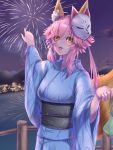  1girl absurdres aerial_fireworks animal_ear_fluff animal_ears blue_kimono breasts eyebrows_visible_through_hair fate/extra fate/grand_order fate_(series) festival fireworks fox_ears fox_girl fox_mask fox_tail highres japanese_clothes kamehito kimono large_breasts looking_at_viewer mask night night_sky obi open_mouth pink_hair pointing sash senkou_hanabi sky solo sparkler tail tamamo_(fate)_(all) tamamo_no_mae_(fate) yellow_eyes yukata 