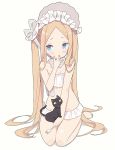  1girl abigail_williams_(fate/grand_order) abigail_williams_(swimsuit_foreigner)_(fate) barefoot bikini blade_(galaxist) blue_eyes blush bonnet cat commentary_request cream fate/grand_order fate_(series) finger_to_mouth fork full_body hand_up long_hair looking_at_viewer simple_background sitting solo swimsuit wariza white_background white_bikini 