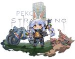  1girl animal_ear_fluff animal_ears black_footwear blue_hair blue_jumpsuit blush bow braid carrot_hair_ornament chibi closed_mouth commentary_request death_stranding food_themed_hair_ornament frown ground_vehicle hair_bow hair_ornament hololive itsuki_tasuku jumpsuit long_hair motor_vehicle motorcycle multicolored_hair rabbit_ears red_eyes shoes sidelocks solo standing sweat twin_braids twintails two-tone_hair usada_pekora very_long_hair white_background white_bow white_hair 