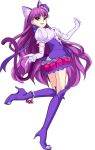  1girl animal_ear_fluff animal_ears anklet bangs boots bow cat_ears cat_girl cat_tail cure_macaron earrings elbow_gloves eyebrows_visible_through_hair floating_hair from_side full_body gloves high_heel_boots high_heels jewelry kirakira_precure_a_la_mode kotozume_yukari long_hair looking_at_viewer miniskirt parted_lips precure purple_bow purple_footwear purple_hair purple_skirt red_eyes rick.black shiny shiny_hair shirt short_sleeves skirt smile solo tail thigh-highs thigh_boots very_long_hair white_gloves white_shirt 