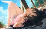  1girl :d bangs bare_arms bare_legs bare_shoulders barefoot black_hair blue_sky blush bra_strap clouds collarbone day dress dutch_angle ecien facial_mark fate/grand_order fate_(series) forehead_mark from_behind indoors knee_up leg_up long_hair looking_at_viewer looking_back lying multicolored_hair on_back on_floor open_mouth paper parted_bangs pink_dress purple_hair sesshouin_kiara_(lily) sky sleeveless sleeveless_dress smile soles solo strap_slip sunlight thigh_gap two-tone_hair very_long_hair wooden_floor wristband yellow_eyes 