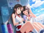 2girls bang_dream! black_hair bloomers blush cloudy_sky drink green_eyes hanazono_tae headphones holding_phone long_hair official_art ushigome_rimi