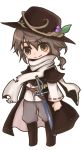  absurdres alternate_costume black_coat black_footwear boots brown_hair coat denciu fedora food_themed_hair_ornament grape_hair_ornament grey_pants hair_ornament hat highres pants rapier scarf sword torn_scarf touhou usami_renko weapon 