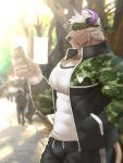  1boy absurdres animal_ears bara bulge chest chest_hair cow_boy cow_ears cow_horns facial_hair furry highres horns jacket keijimohumohu male_focus manly muscle pants pectorals phone purple_horns shennong_(tokyo_afterschool_summoners) solo thighs tokyo_houkago_summoners track_jacket track_pants upper_body violet_eyes white_hair 