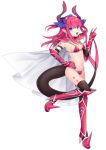  1girl armor bangs bikini bikini_armor black_legwear black_sleeves blue_eyes bra_strap breasts cape detached_sleeves earrings elizabeth_bathory_(brave)_(fate) elizabeth_bathory_(fate)_(all) eyebrows_visible_through_hair fang floating_hair full_body hair_between_eyes hairband hand_on_hip horns jewelry karokuchitose long_hair long_sleeves looking_at_viewer navel pink_hair pixiv_fate/grand_order_contest_1 pointy_ears red_bikini shiny shiny_hair shoulder_armor sideboob simple_background small_breasts solo spaulders standing swimsuit tail thigh-highs white_background white_cape white_hairband 