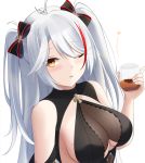  1girl antenna_hair azur_lane bare_shoulders bow breasts cup drinking_glass hair_bow hand_up holding holding_cup keenh large_breasts looking_at_viewer mole mole_on_breast multicolored_hair one_eye_closed parted_lips prinz_eugen_(azur_lane) prinz_eugen_(cordial_cornflower)_(azur_lane) silver_hair simple_background solo streaked_hair two_side_up underboob_cutout upper_body white_background 