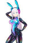  1girl animal_ears arm_up bangs black_bodysuit blue_eyes blue_leotard blush bodysuit bunny_day closed_mouth commentary_request electro_emilia eyebrows_visible_through_hair fake_animal_ears hand_on_hip headgear ken_(koala) leotard long_hair long_sleeves looking_at_viewer original pale_skin rabbit_ears shiny shiny_clothes simple_background skin_tight solo turtleneck white_background white_hair 