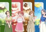  4girls black_hair blue_eyes blue_shirt blush bow brown_hair cowboy_shot dress food frilled_skirt frills fruit green_eyes green_skirt highres long_hair looking_at_viewer minami_seira multiple_girls open_mouth original pink_skirt pleated_skirt shaved_ice shirt short_hair side_ponytail sidelocks skirt sleeveless smile strawberry striped striped_bow striped_dress teeth turtleneck yellow_eyes 