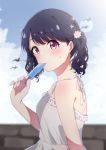  1girl absurdres artist_request black_hair blue_sky blurry blurry_background commentary_request dress eating flower food fukumaru_koito hair_flower hair_ornament halter_dress highres idolmaster idolmaster_shiny_colors licking looking_at_viewer medium_hair popsicle sky sleeveless sleeveless_dress solo spaghetti_strap sundress tongue tongue_out twintails upper_body violet_eyes white_dress 