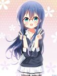  1girl :d bangs black_sweater blue_eyes blue_hair blush brown_legwear character_request collarbone collared_shirt commentary_request deyui double_v eyebrows_visible_through_hair floral_background glasses gochuumon_wa_usagi_desu_ka? hair_between_eyes hands_up long_hair long_sleeves open_mouth over-rim_eyewear pantyhose pleated_skirt polka_dot polka_dot_background red-framed_eyewear sash semi-rimless_eyewear shirt skirt smile solo sweater translation_request twitter_username upper_teeth v very_long_hair white_shirt white_skirt 