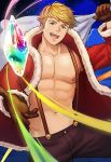  1boy abs bangs bara blonde_hair chest gloves glowing granblue_fantasy green_eyes looking_at_viewer male_focus muscle nipples open_mouth pectorals santa_costume shirtless simple_background smile solo toned toned_male vane_(granblue_fantasy) zombies_inc. 